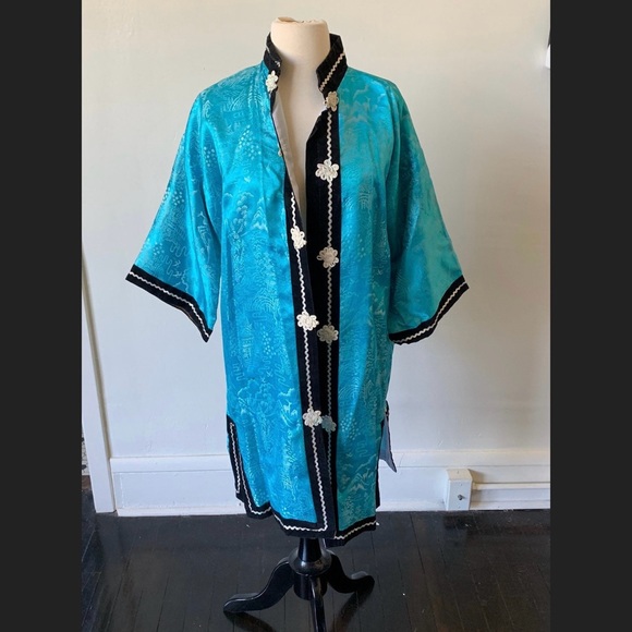 1960's Turquoise Bell Sleeve Kimono Robe Vintage Oriental Mid Century Mod Kimono - Picture 2 of 9